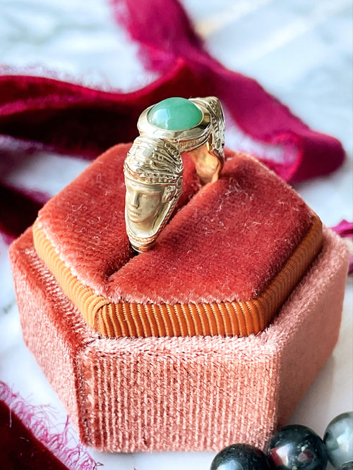 14k Vintage Egyptian Revival Emerald Cabochon Ring