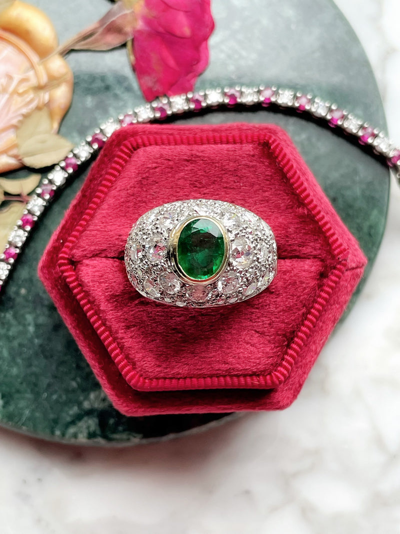 Platinum Art Deco Emerald & Diamond Bombe Ring