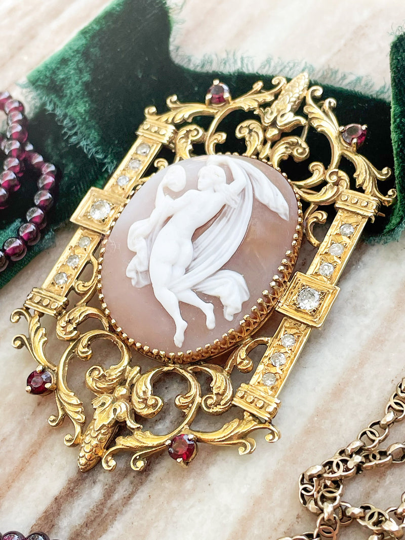 14k Antique Diamond & Garnet Shell Cameo Pendant