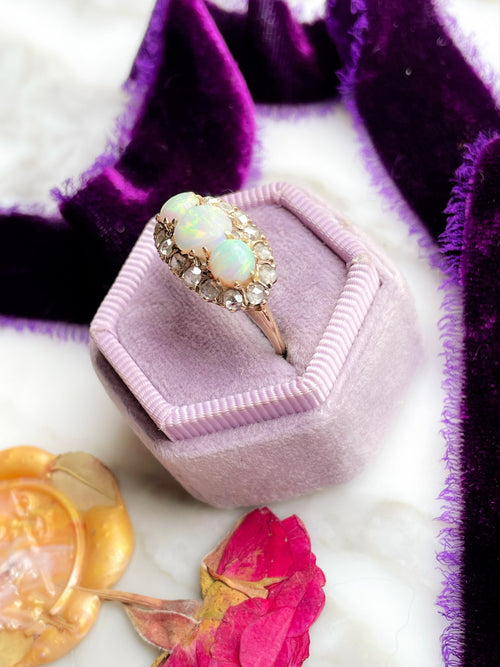 14k Antique Three Opal & Diamond Halo Ring