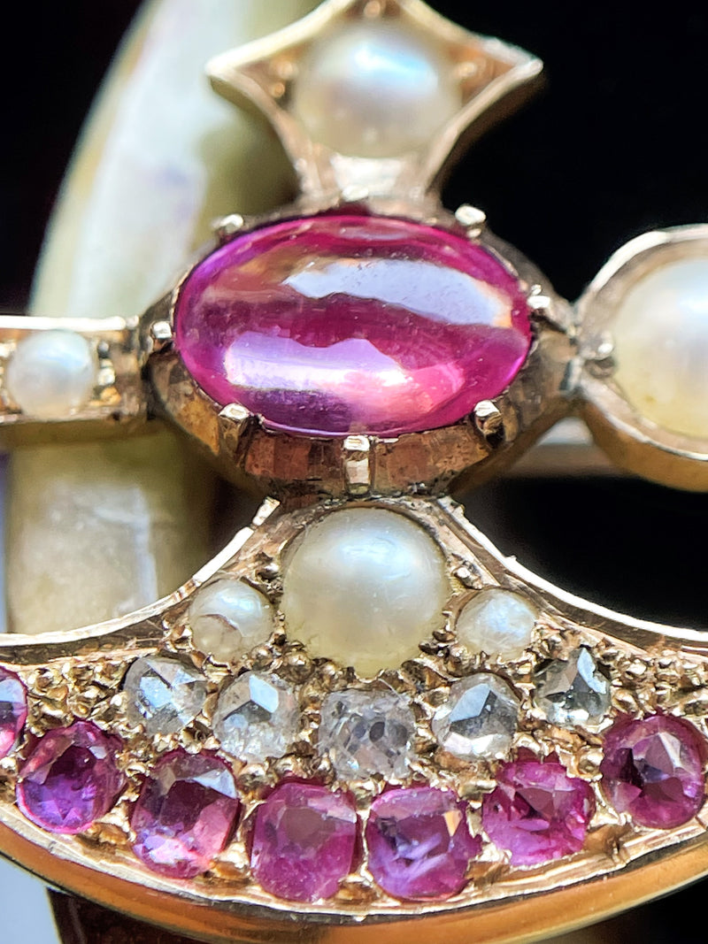 14k Victorian Diamond, Pink Sapphire & Diamond Axe Brooch