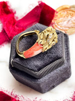 18k Vintage Diamond, Coral, & Ruby Lion Ring