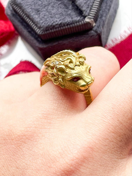 18k Vintage Diamond, Coral, & Ruby Lion Ring