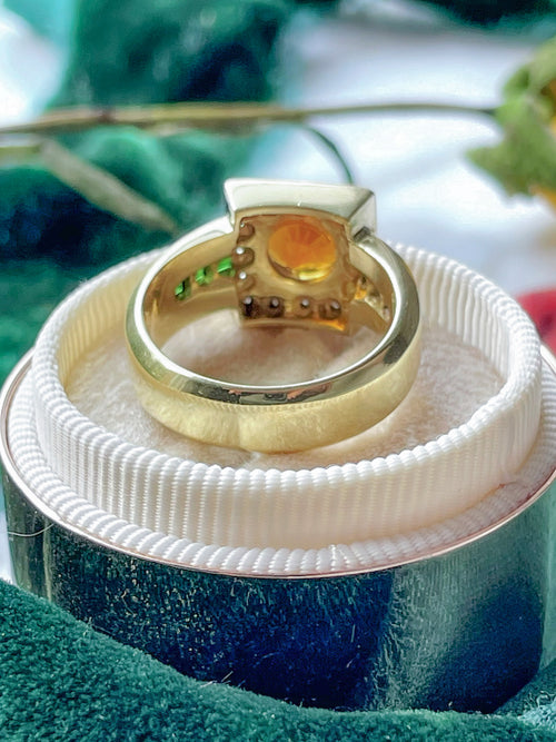 18k Vintage Garnet, Citrine, & Diamond Ring