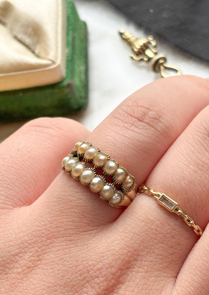 10k Georgian Pearl Double Row Half Hoop Ring