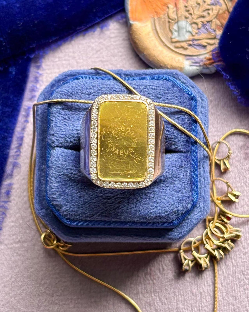 14k 999,9 24K Gold Bar w/ Diamond Halo Ring
