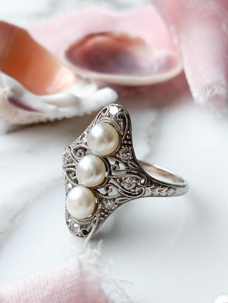 14k Art Deco diamond & Pearl Dress Ring