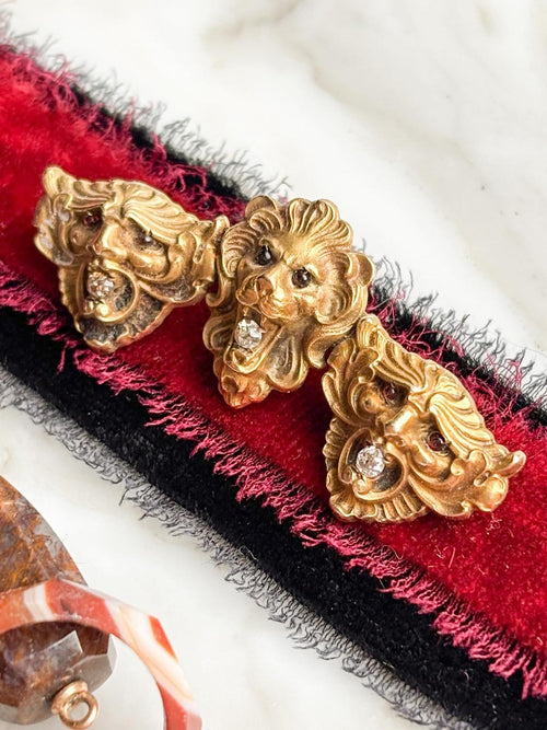 14k Art Nouveau Diamond & Ruby Cabochon Brooch