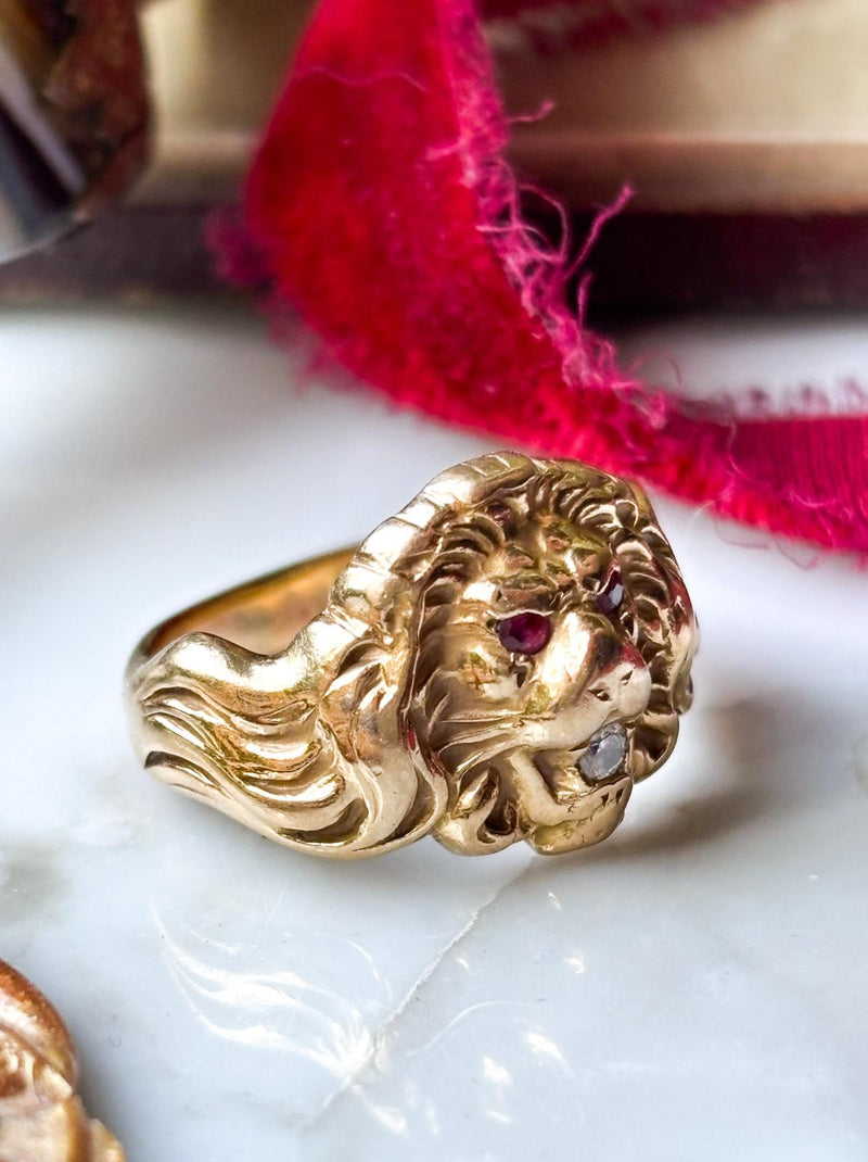 14k Antique Art Nouveau Diamond & Ruby Lion Ring