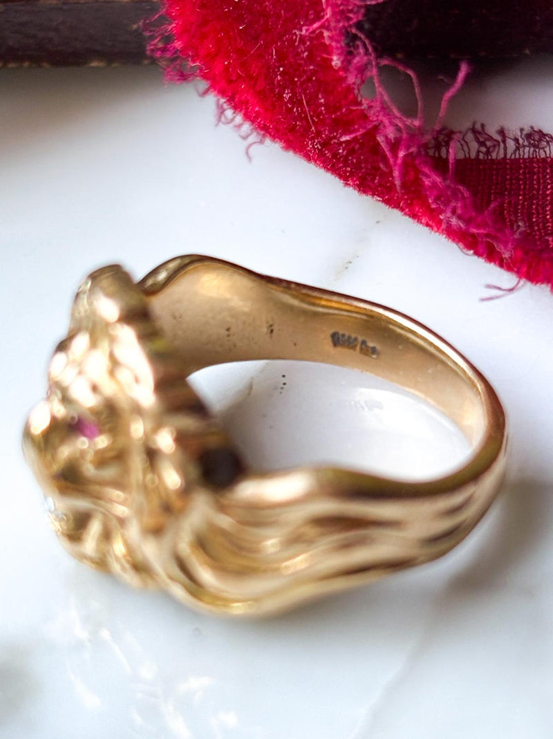 14k Antique Art Nouveau Diamond & Ruby Lion Ring