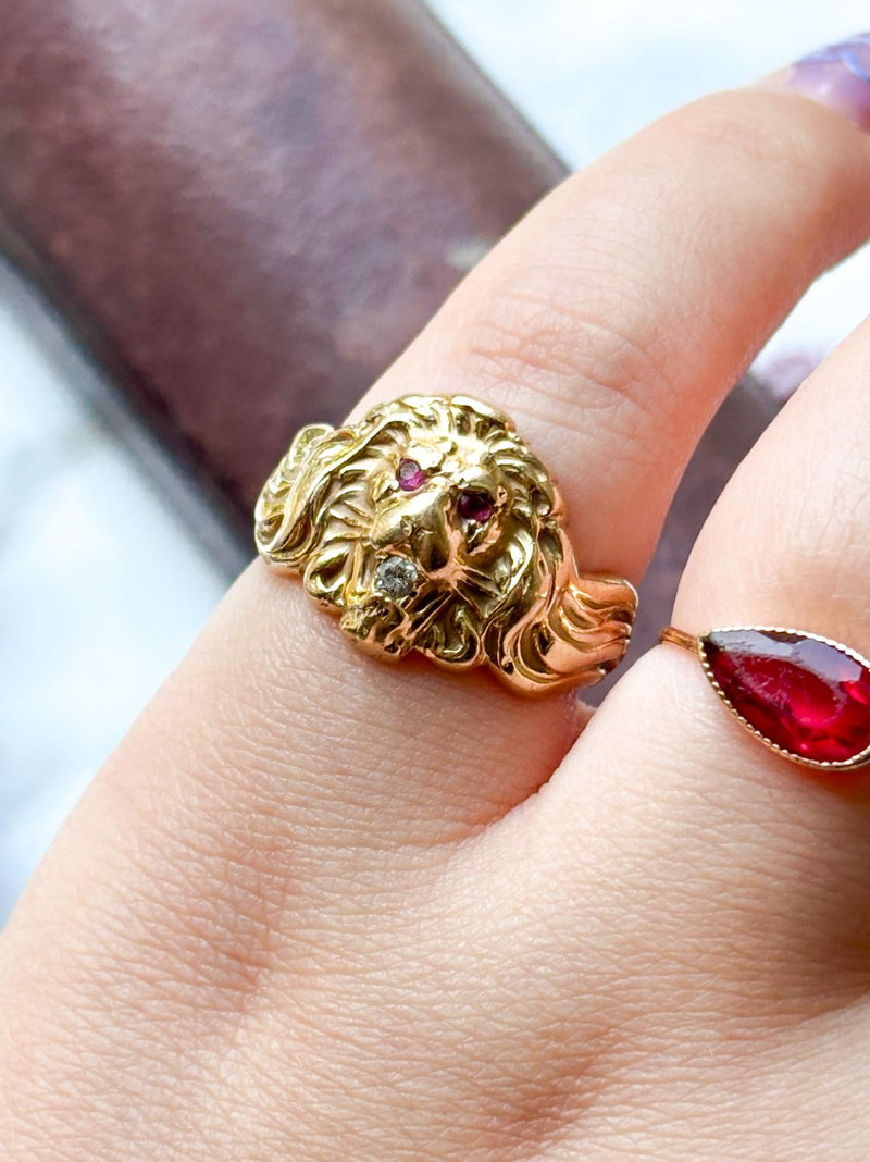 14k Antique Art Nouveau Diamond & Ruby Lion Ring