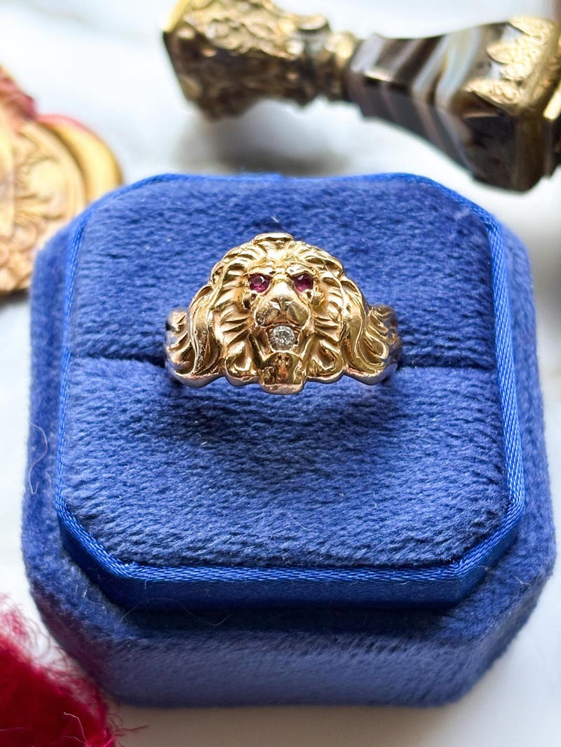 14k Antique Art Nouveau Diamond & Ruby Lion Ring