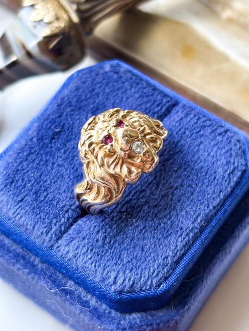 14k Antique Art Nouveau Diamond & Ruby Lion Ring