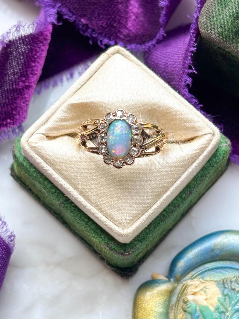 14k Victorian Opal & 0.38cttw Diamond Halo Ring