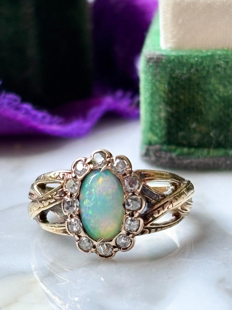 14k Victorian Opal & 0.38cttw Diamond Halo Ring
