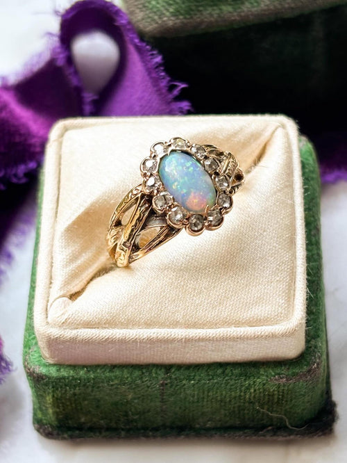14k Victorian Opal & 0.38cttw Diamond Halo Ring