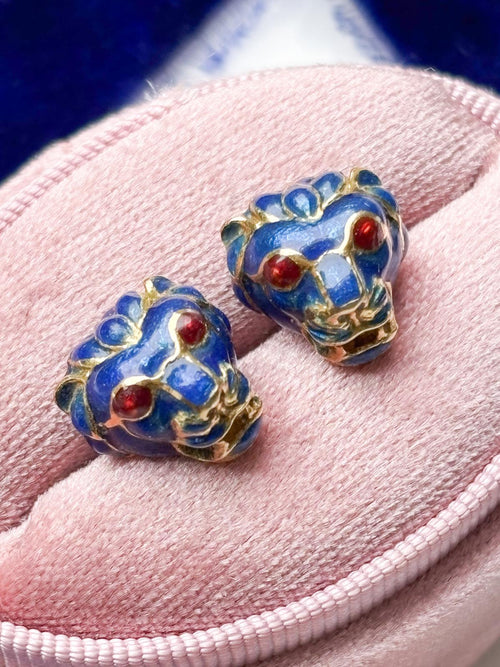 14k Vintage Red & Blue Enamel Feline Earrings