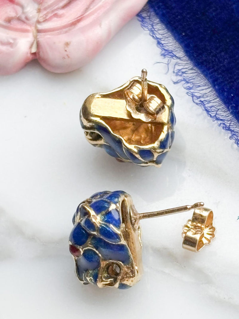 14k Vintage Red & Blue Enamel Feline Earrings