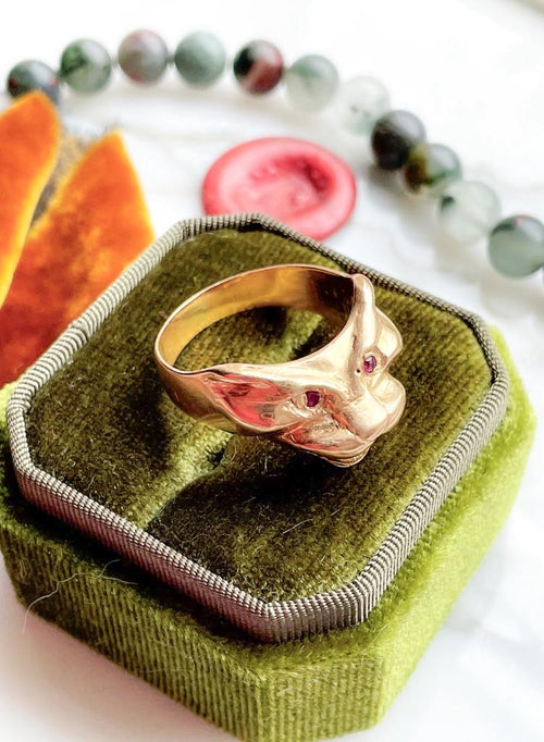 18k Pink Gold Vintage Ruby Figural Cat Ring