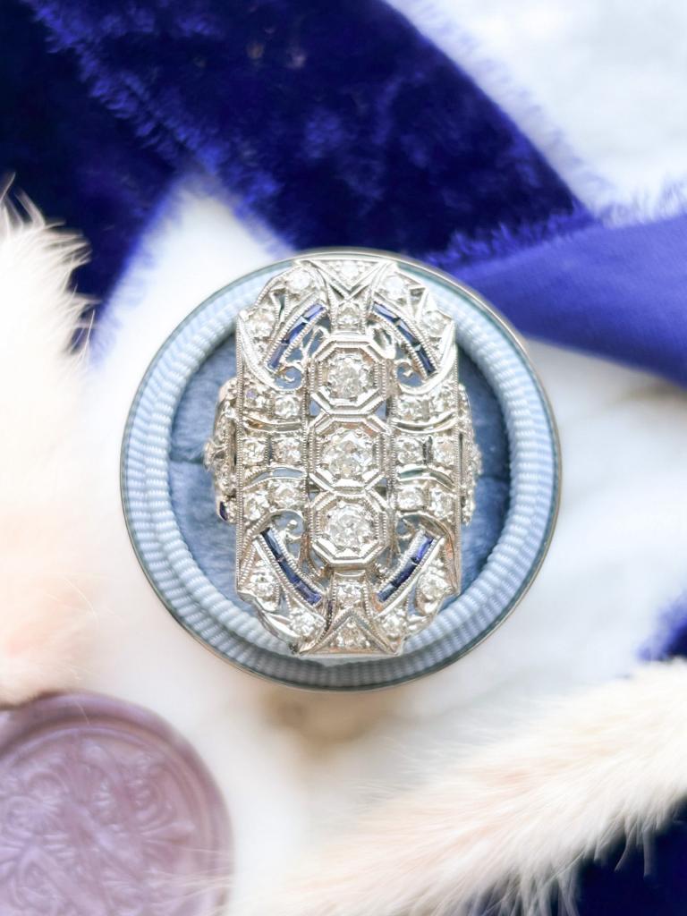 Platinum & 14K Art Deco 1.39cttw Diamond & Sapphire Ring