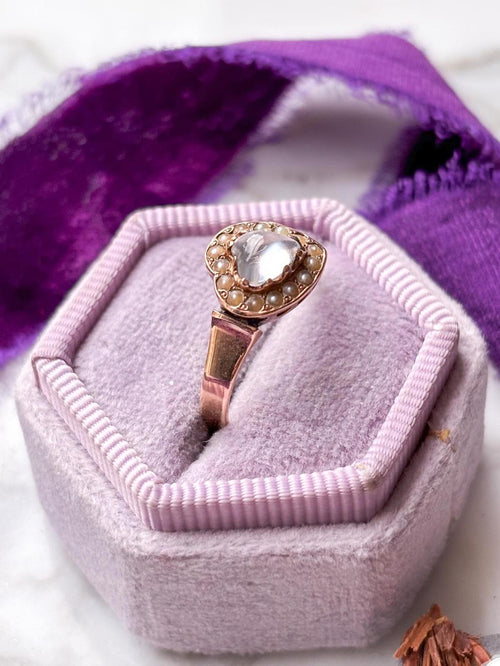 9k Victorian Moonstone Heart & Seed Pearl Ring