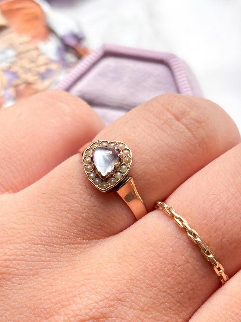 9k Victorian Moonstone Heart & Seed Pearl Ring