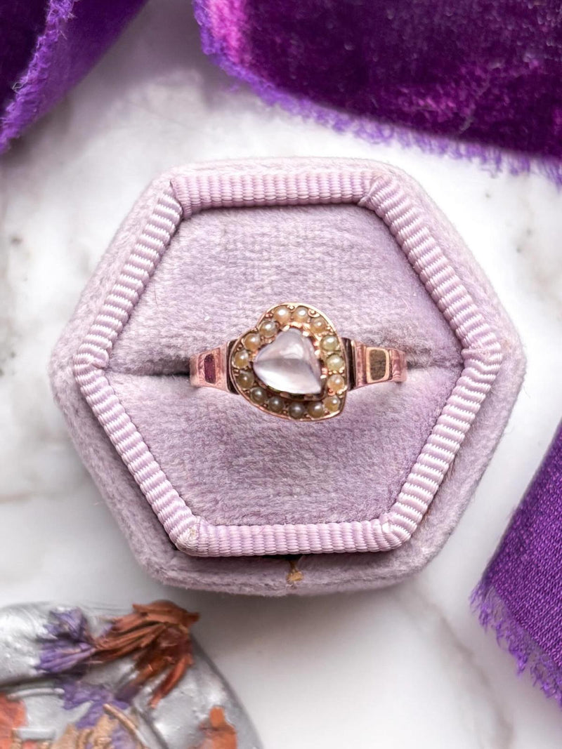 9k Victorian Moonstone Heart & Seed Pearl Ring