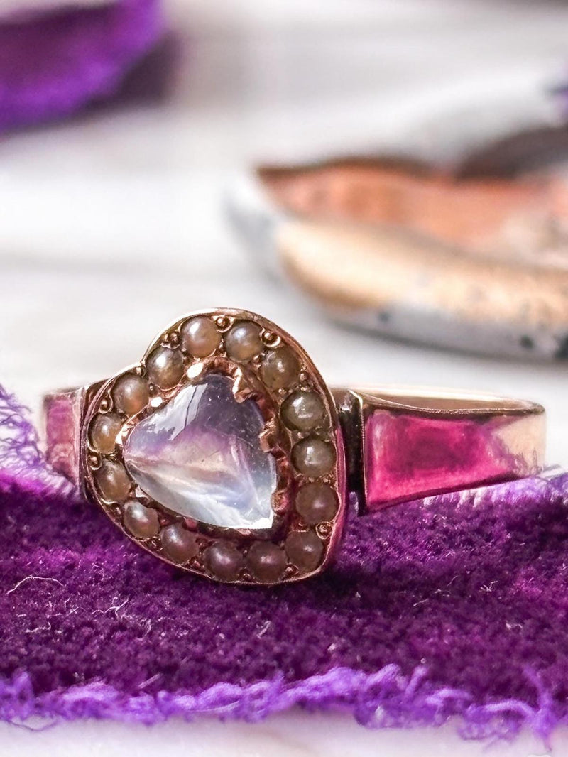 9k Victorian Moonstone Heart & Seed Pearl Ring