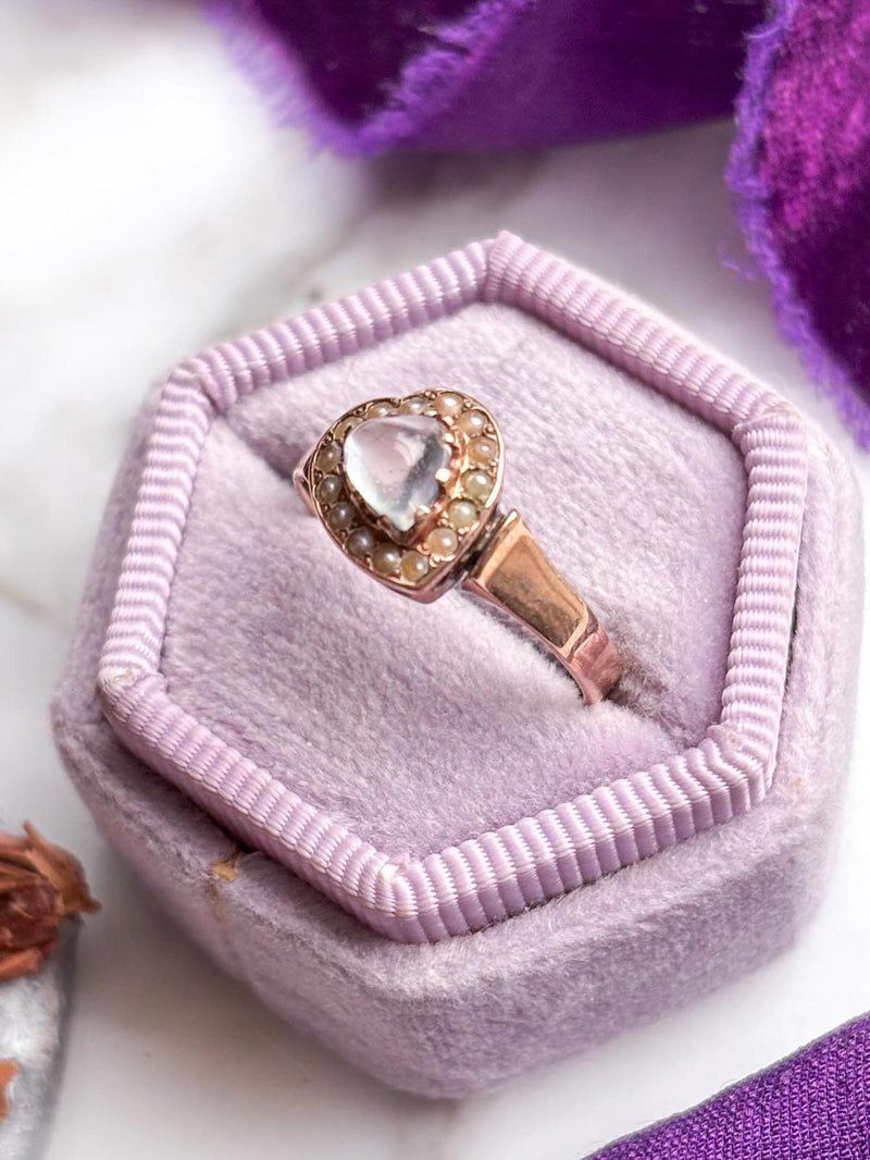 9k Victorian Moonstone Heart & Seed Pearl Ring