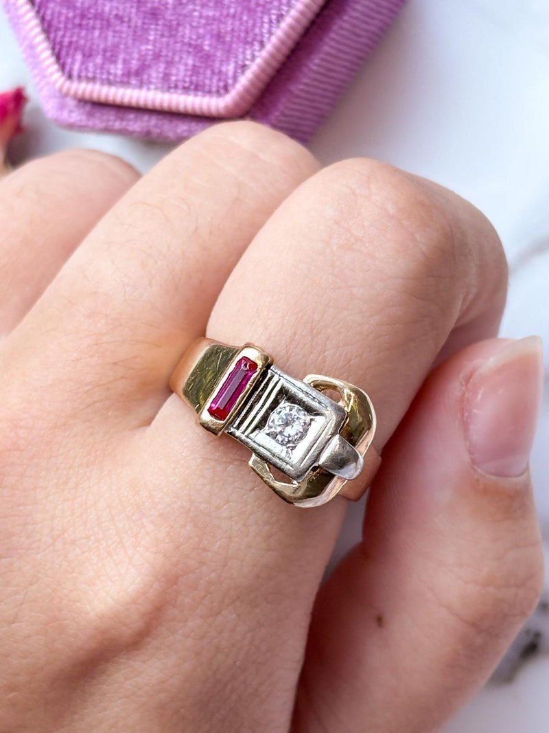 14k Vintage Ruby & 0.30ct Diamond Buckle Ring