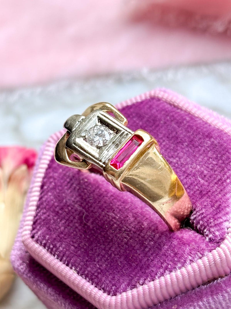 14k Vintage Ruby & 0.30ct Diamond Buckle Ring