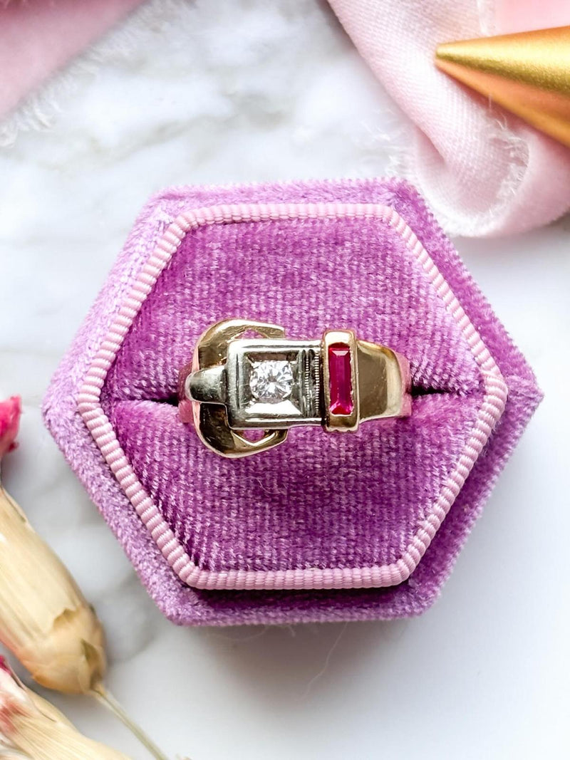 14k Vintage Ruby & 0.30ct Diamond Buckle Ring