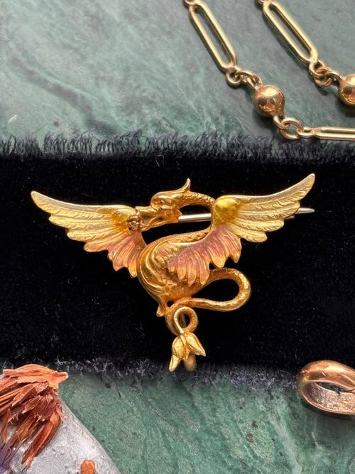 14k Art Nouveau Krementz Dragon Gold and Enamel Brooch