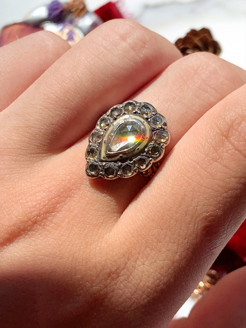 14k Georgian Pear Shaped, Foiled Diamond Ring